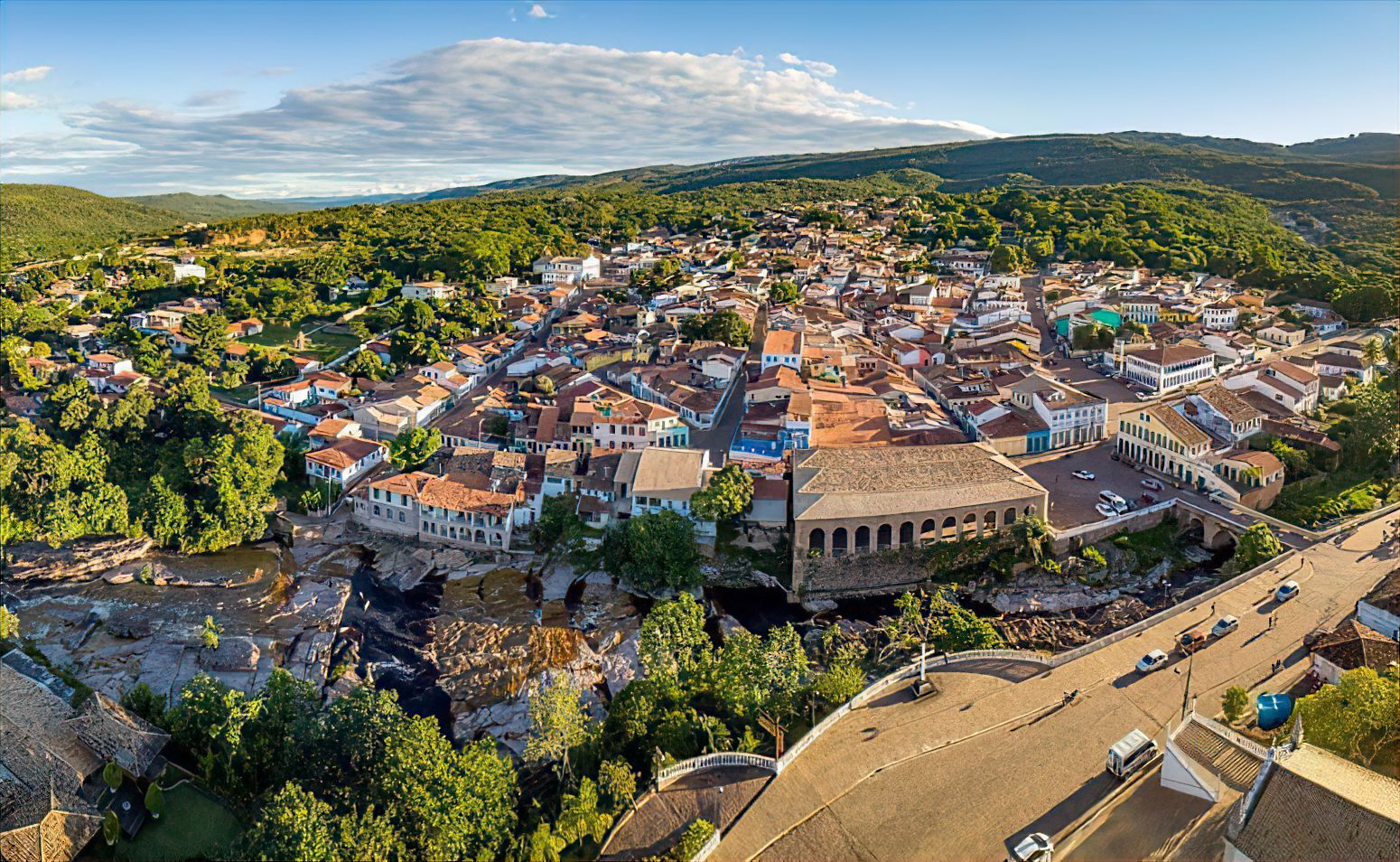 Aerial view of Lençóis showing 19th-century colonial houses, stone bridges, and the river winding through the town. Aerial view of Lençóis showing 19th-century colonial houses, stone bridges, and the river winding through the town.