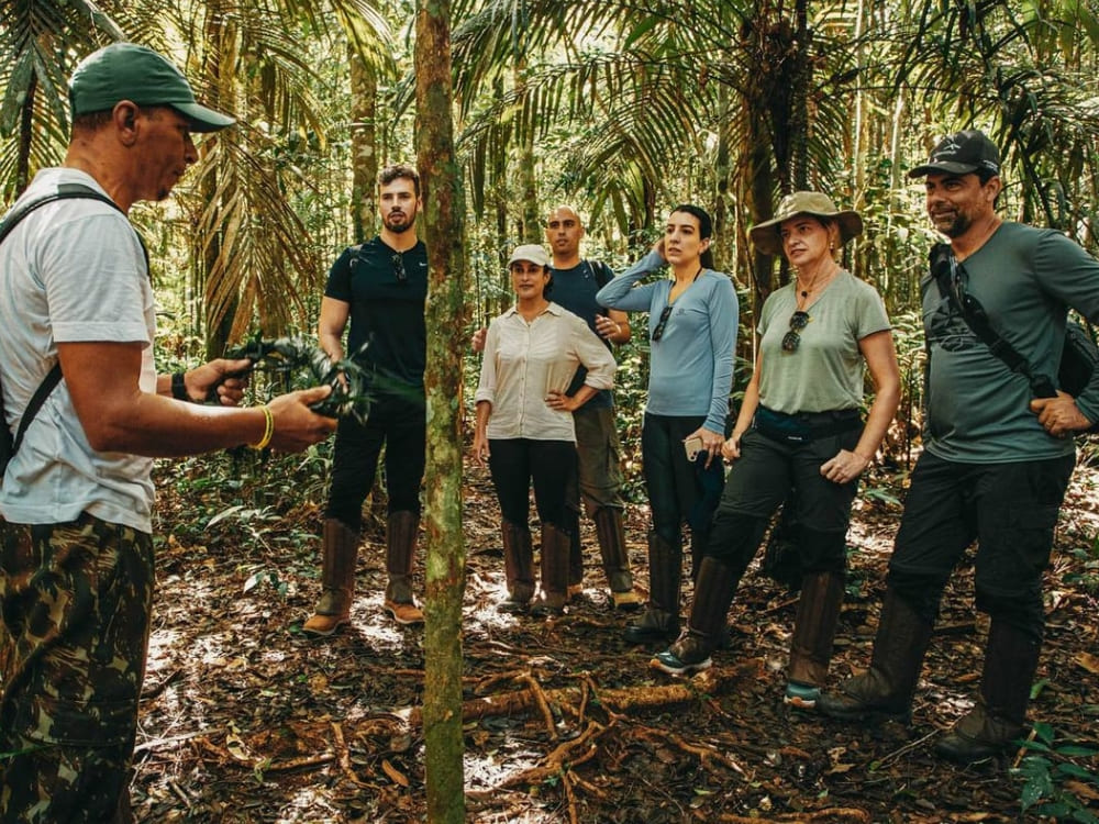  Local guide explaining the flora to a group of tourists during a jungle hiking tour in the Amazon Rainforest.