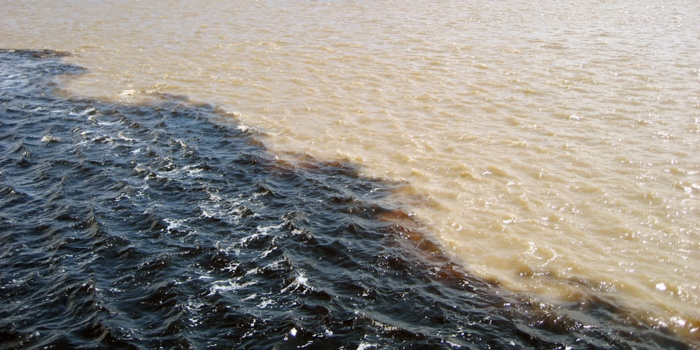 Close water-level view of the dark and sandy river currents running parallel without mixing.